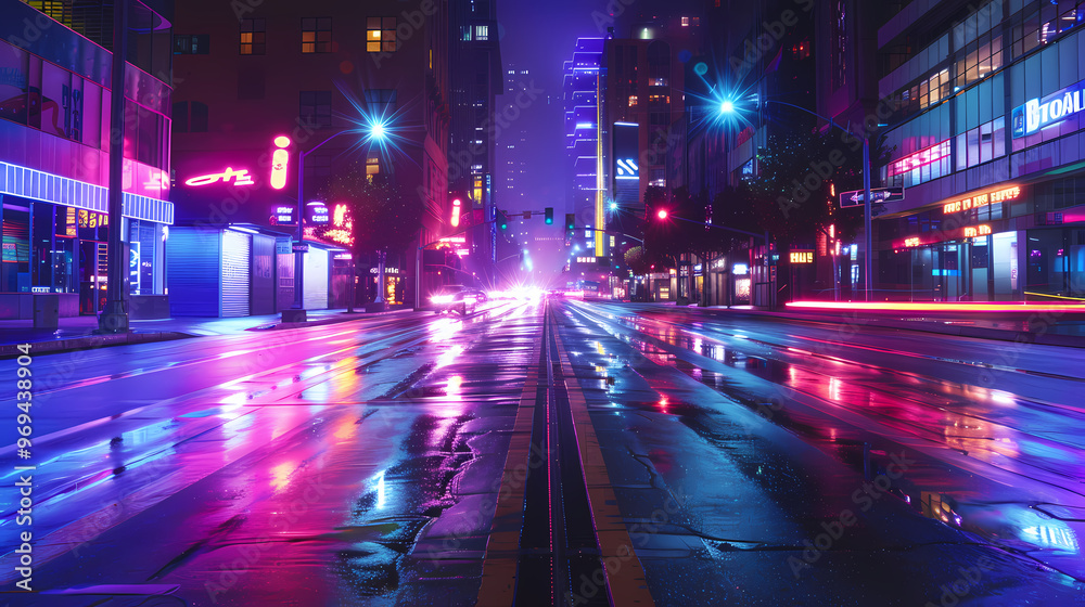 Neon-Lit Urban Street at Night for Commercial Background Neon-Lit Urban Street at Night for Commercial Background