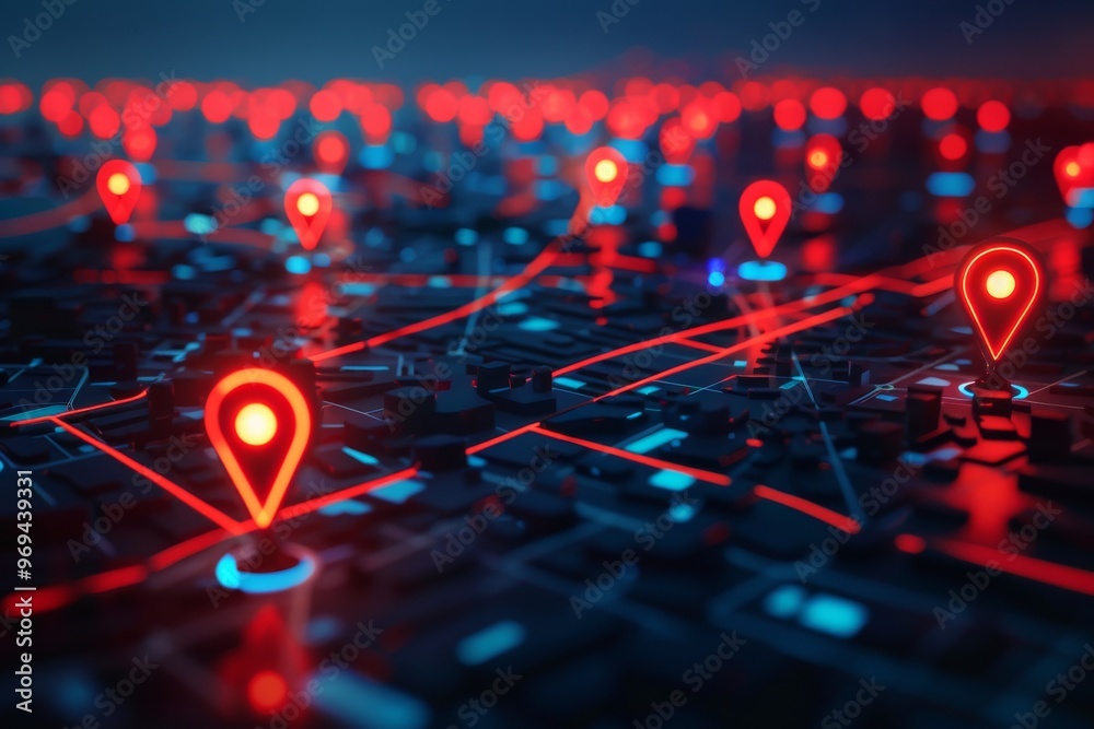 A digital map with location pins glowing brightly against the dark background, representing global network and connectivity in modern technology. Part of the city lights were visible through the citys