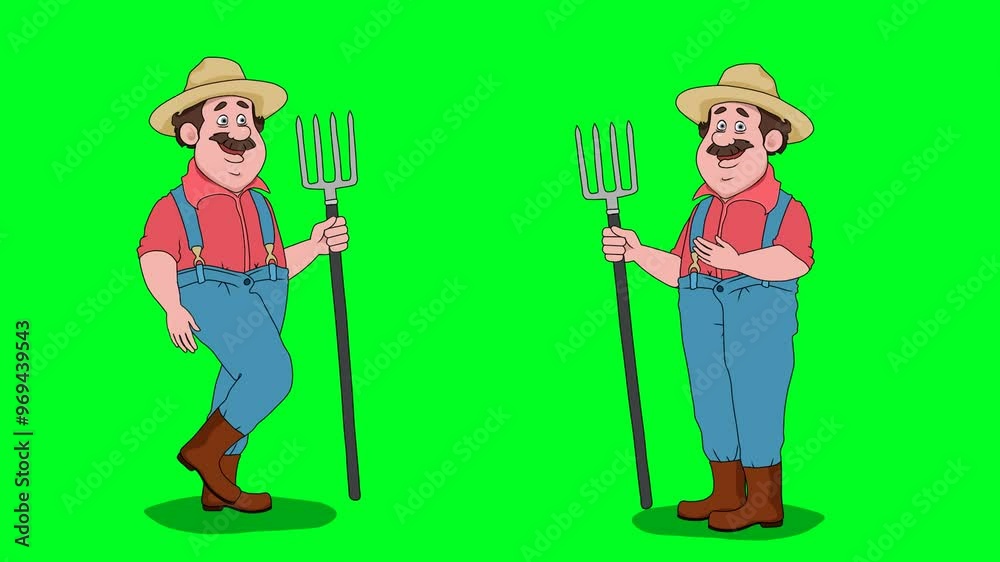 green screen 2D animated farmer character walking  who enters and talks in green screen. 4K resolution.