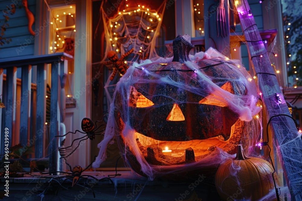 Naklejka premium Close-up of a glowing jack-o-lantern on a cobweb-covered porch, surrounded by spiders and Halloween decorations. ai