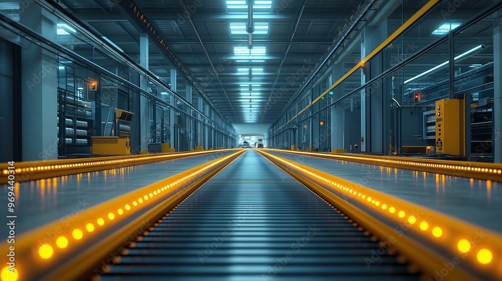 Obraz premium Automated Industrial Production Line with Advanced Machinery, Showcasing Product Manufacturing Process Without Human or Drone Involvement in a Modern Factory Setting. High-Tech Equipment and Precision