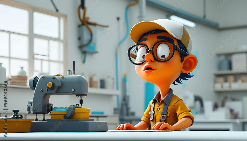 D Cartoon Character Boy Working With Sewing Machine D Cartoon Character Boy Working With Sewing Machine
