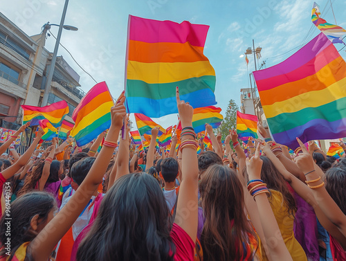 Group of people with pride flag in a LGBTQ rally in crowded street
