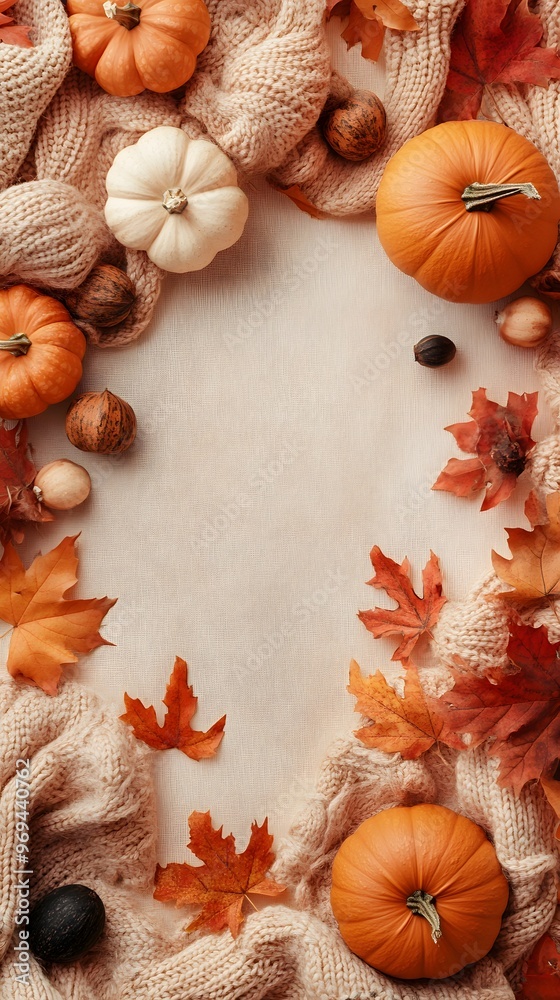 Fototapeta premium A light brown background with some pumpkins and autumn leaves scattered around