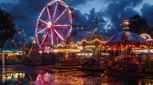 A vibrant carnival scene at dusk with a giant ferris wheel and colorful rides lighting up the night sky.