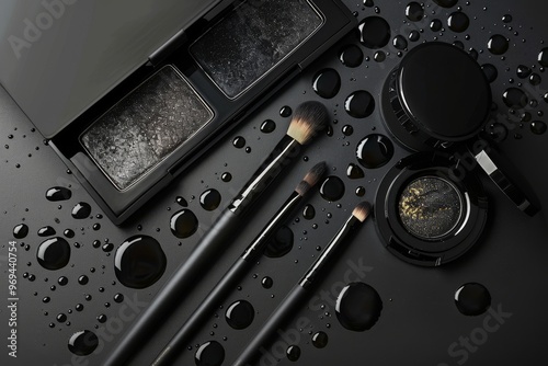 A flat lay of various black makeup products, including eye shadow palettes and brushes, arranged on an allblack background with water droplets to create a sleek and modern look. The focus is on the da photo