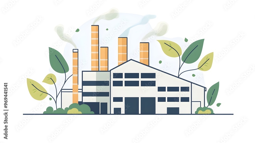 Fototapeta premium Sustainable Industrial Growth:Illustrated Factory with Climbing Leafy Vines