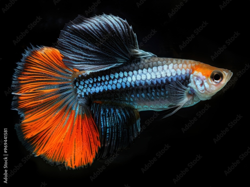 Fototapeta premium A vibrant guppy fish showcasing colorful fins and scales against a dark background.