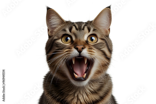 Expressive Tabby Cat Roaring Isolated on Transparent Background