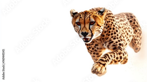 Close-up of a cheetah sprinting on a white background, showcasing its speed, agility, and striking spotted fur.