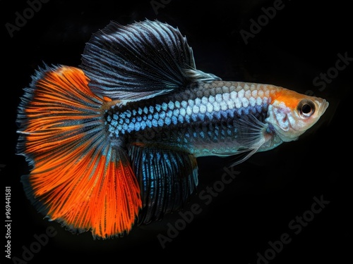 A vibrant guppy fish showcasing colorful fins and scales against a dark background. photo