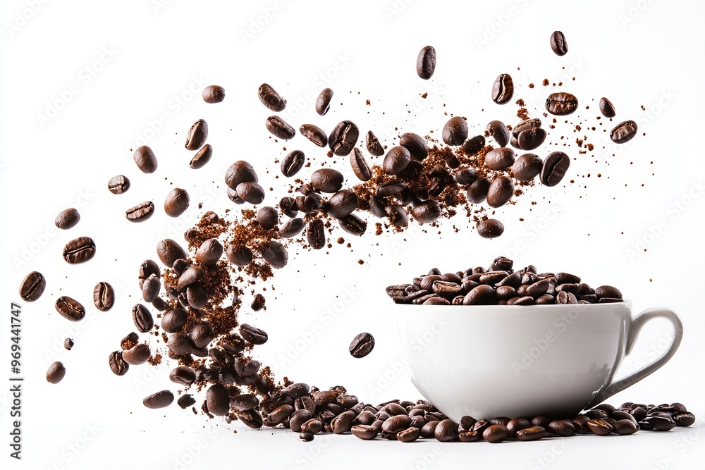 Dynamic portrayal of coffee beans erupting from a cup, capturing the essence of freshness and energy. Dynamic portrayal of coffee beans erupting from a cup, capturing the essence of freshness and energy.