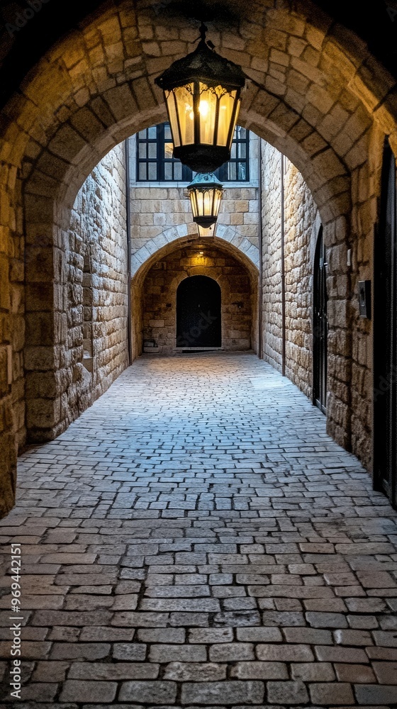 Obraz premium The warm glow of lanterns illuminates a charming old house doorway in Jerusalem at night, surrounded by stone walls and a cozy atmosphere