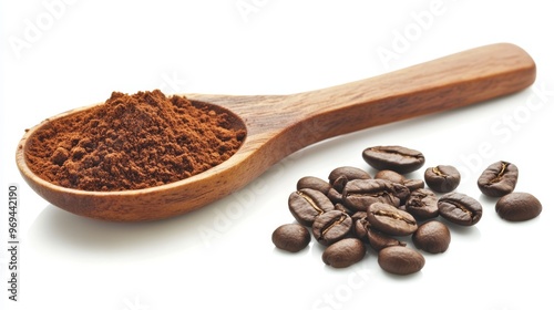 Wooden spoon and coffee powder isolated on white background