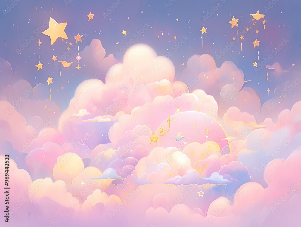 A dreamy sky filled with soft, colorful clouds and twinkling stars. A dreamy sky filled with soft, colorful clouds and twinkling stars.