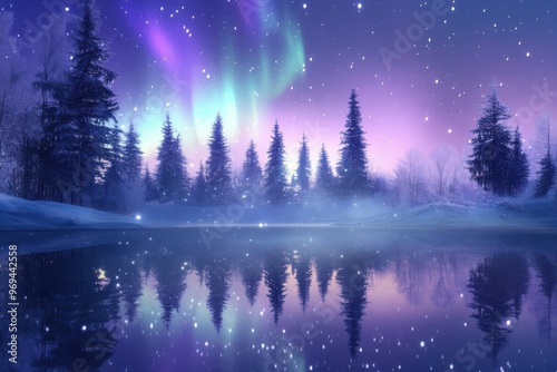 Magical winter solstice landscape featuring sparkling purple and frosty blue auroras dancing over the lake. Vibrant holiday greeting card background for christmas and new year celebrations