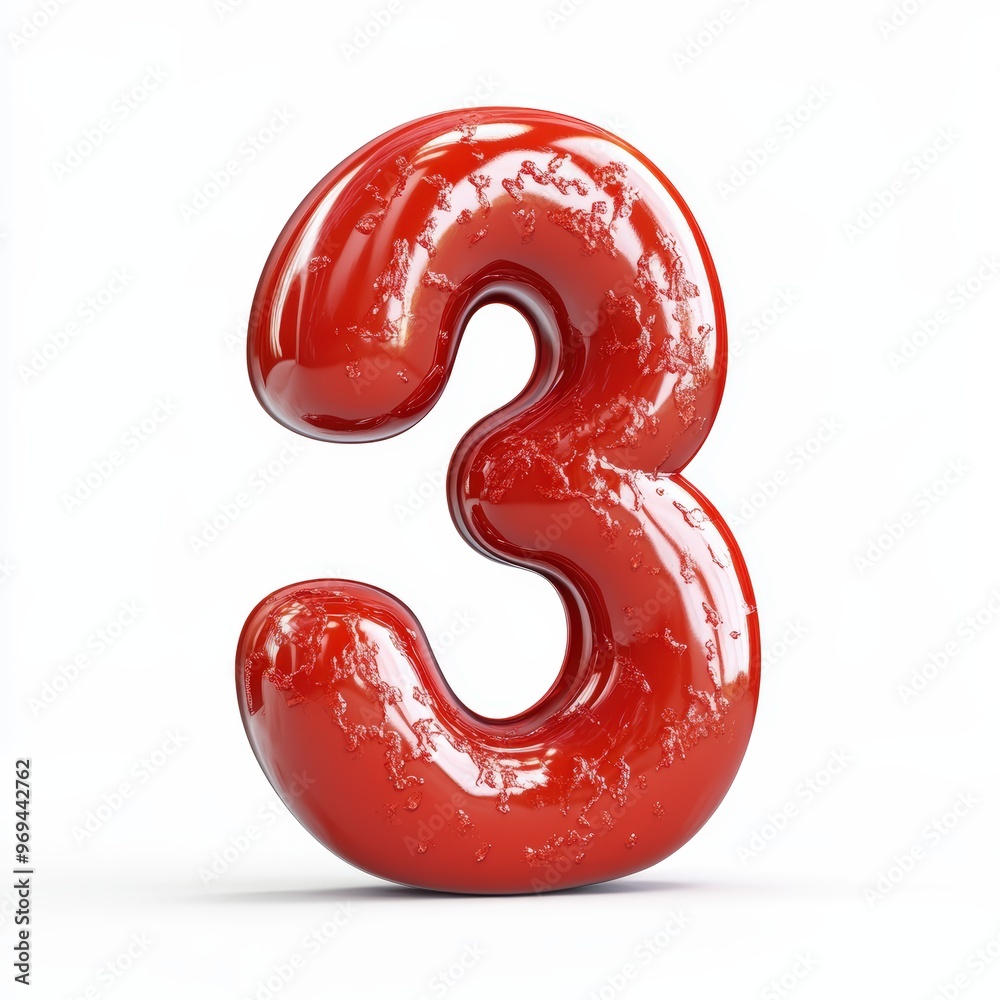 3D number 3 with ketchup texture realistic modern design, soft lighting, white background 3D number 3 with ketchup texture realistic modern design, soft lighting, white background