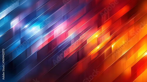 A vibrant abstract background with diagonal lines in blue, red, and orange hues.