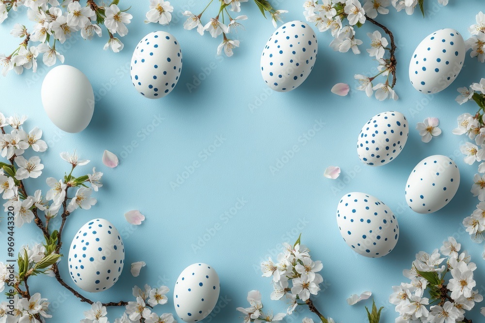 Easter wishes featuring dotted eggs in white and blue nestled among cherry blossoms against a gentle blue background. Cheerful spring theme for cards and banners. Aerial view with empty space Easter wishes featuring dotted eggs in white and blue nestled among cherry blossoms against a gentle blue background. Cheerful spring theme for cards and banners. Aerial view with empty space