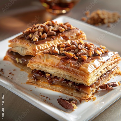 A highresolution, realistic photograph of two layered pastry filled with creamy chocolate and topped with nuts. The layers should be clearly visible on the white plate. A closeup shot captures intrica photo