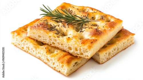 Freshly baked italian flat bread focaccia isolated on white background top view