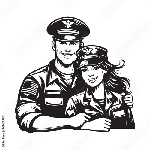 Happy military man and his wife vector illustration silhouette