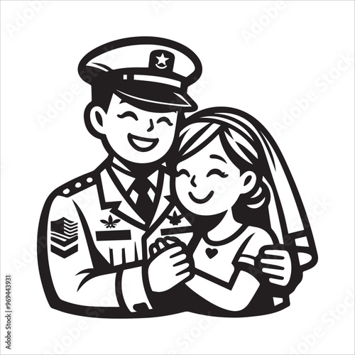 Happy military man and his wife vector illustration silhouette