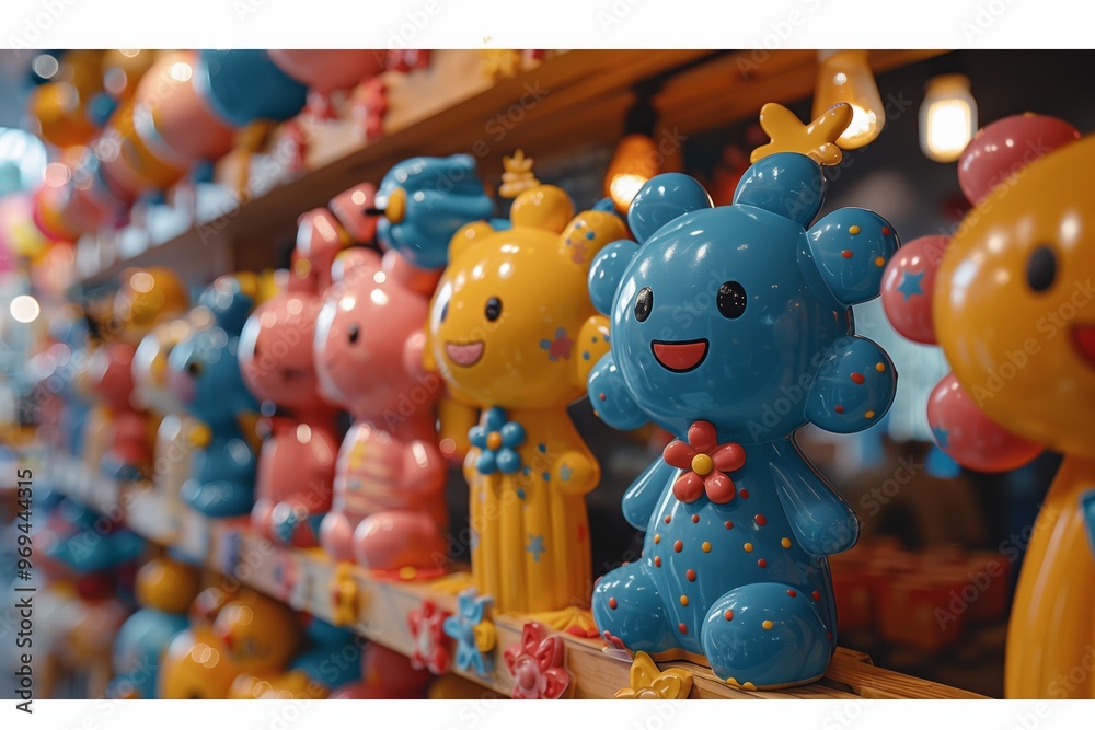 Colorful ceramic figurines displayed on wooden shelves in a vibrant store showcasing a cheerful atmosphere Colorful ceramic figurines displayed on wooden shelves in a vibrant store showcasing a cheerful atmosphere