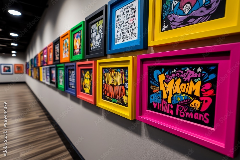 Wall of frames filled with inspirational quotes and graphic art in colorful frames, creating an energetic, positive display Wall of frames filled with inspirational quotes and graphic art in colorful frames, creating an energetic, positive display