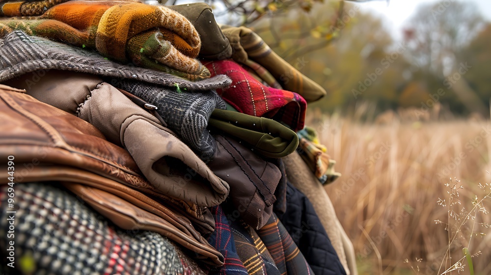 Fototapeta premium Lovely fall jacket stack against a chilly backdrop