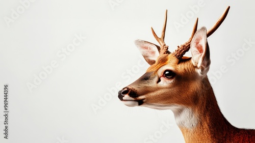 Close-up of a deer with antlers on a white background, showcasing the beauty of wildlife and nature with focus on the deer's profile. photo