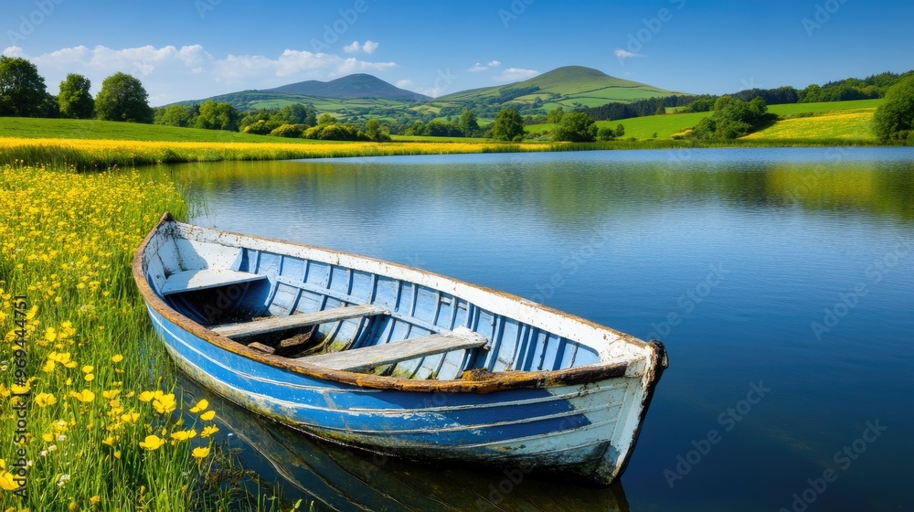 Obraz premium An old, weathered blue rowboat sits on lush grass adorned with yellow wildflowers, peacefully anchored by calm waters near a serene Scottish island with distant mountains