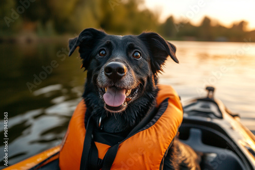 Happy black dog wearing an orange life jacket on a kayak at sunset
