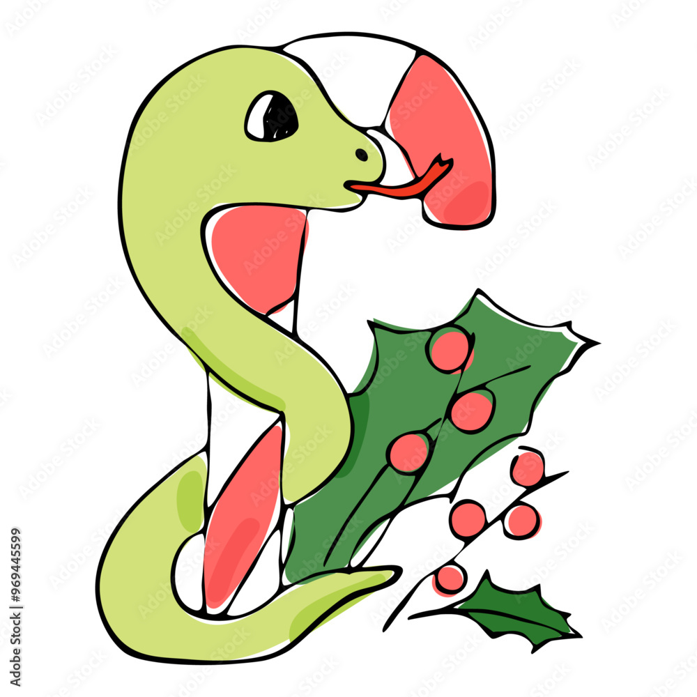 Naklejka premium New Year's card with a snake. 2025 New Year. Year of the snake. Merry Christmas and Happy New Year. Green and beige vector illustration.