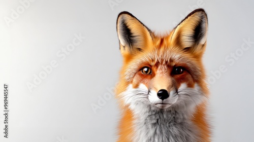 Close-up of a red fox against a plain light background, showcasing its vibrant fur and inquisitive expression.