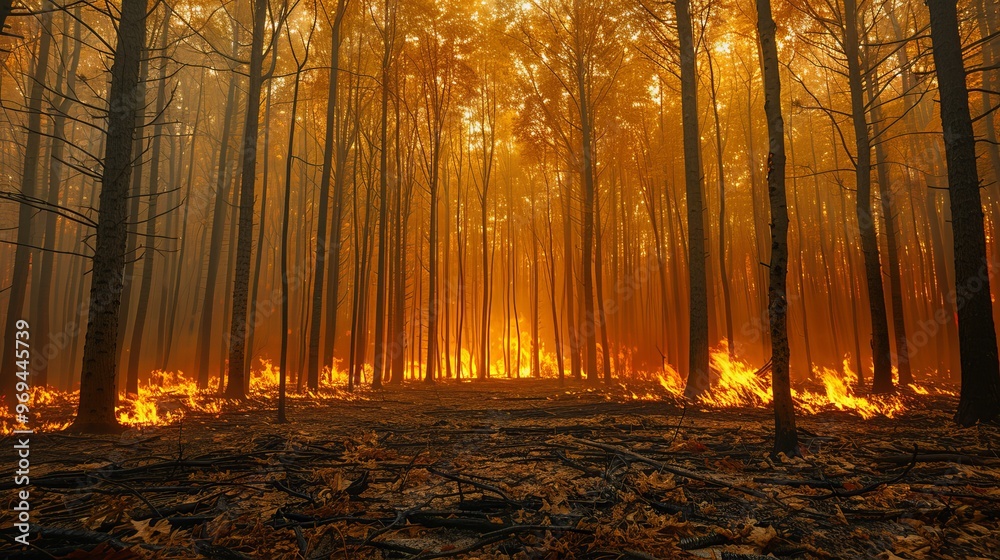 Obraz premium Bright orange flames dance among the trees, creating a surreal and haunting atmosphere as smoke billows through the forest, marking devastation