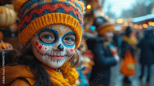 A young girl with colorful Day of the Dead face paint smiling at a festive outdoor event, dressed warmly in autumn attire