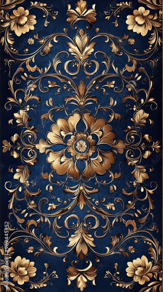 Floral arabesque pattern with gold accents on a deep blue background Floral arabesque pattern with gold accents on a deep blue background
