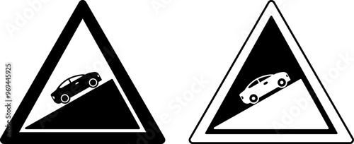 Steep Ascent Signs. Warning Road Signs. Car Going Up. Black and White Vector Icons
