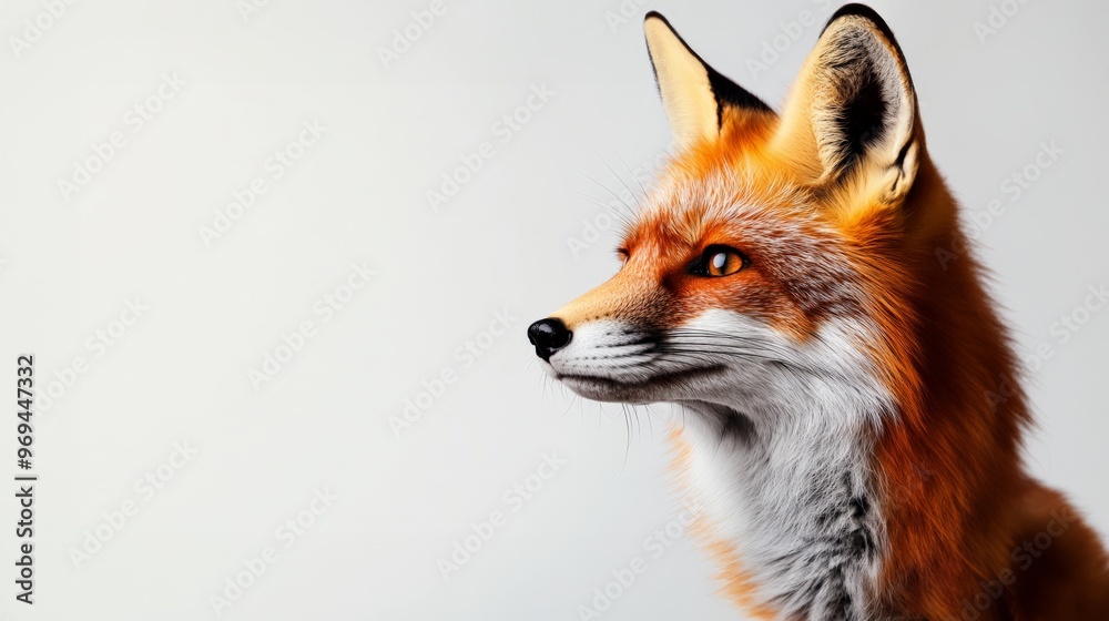Close-up portrait of a red fox with vibrant orange fur and sharp eyes, looking sideways against a plain white background. Close-up portrait of a red fox with vibrant orange fur and sharp eyes, looking sideways against a plain white background.