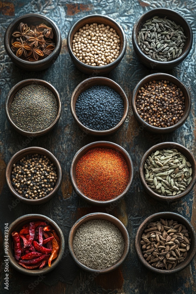 Variety of spices in wooden bowls Variety of spices in wooden bowls