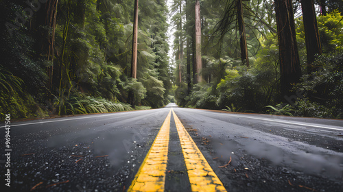 Empty Forest Road with Lush Greenery for Commercial Background