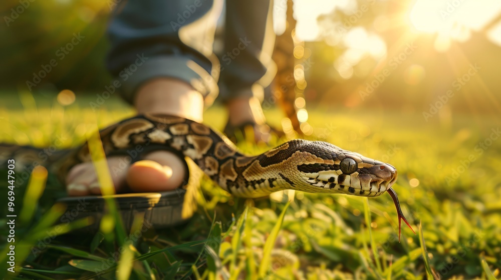 Naklejka premium As the sun sets, a lively snake slithers across lush grass, pausing to investigate the surroundings near a relaxed person's foot