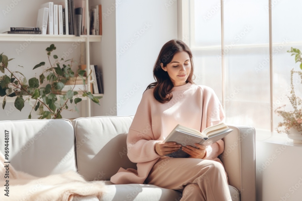Woman reading book furniture sitting person. Woman reading book furniture sitting person.