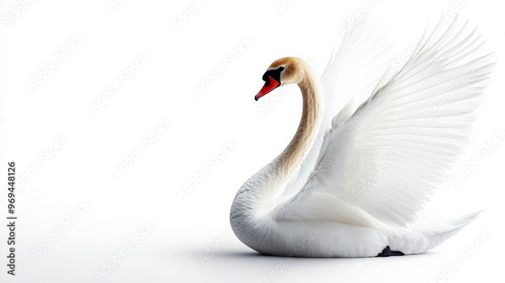 Graceful white swan with outstretched wings on a white background. Perfect imagery for elegance, nature, and wildlife-themed projects. Graceful white swan with outstretched wings on a white background. Perfect imagery for elegance, nature, and wildlife-themed projects.