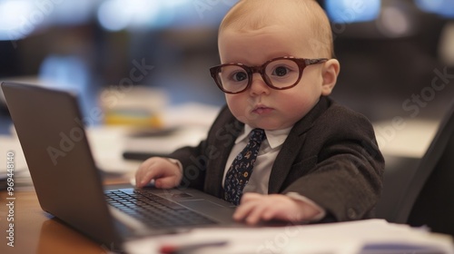 A baby dressed as a business executive, typing on a laptop at a large office desk, glasses slightly askew