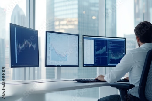 A financial analyst working in a modern office, analyzing market data on multiple computer screens.