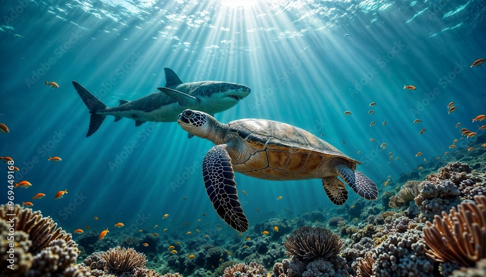Naklejka premium An underwater scene featuring a sea turtle and a shark swimming