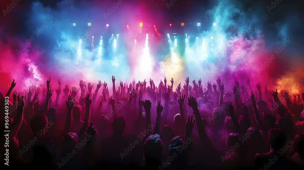 A vibrant concert scene with a cheering crowd and colorful lights.