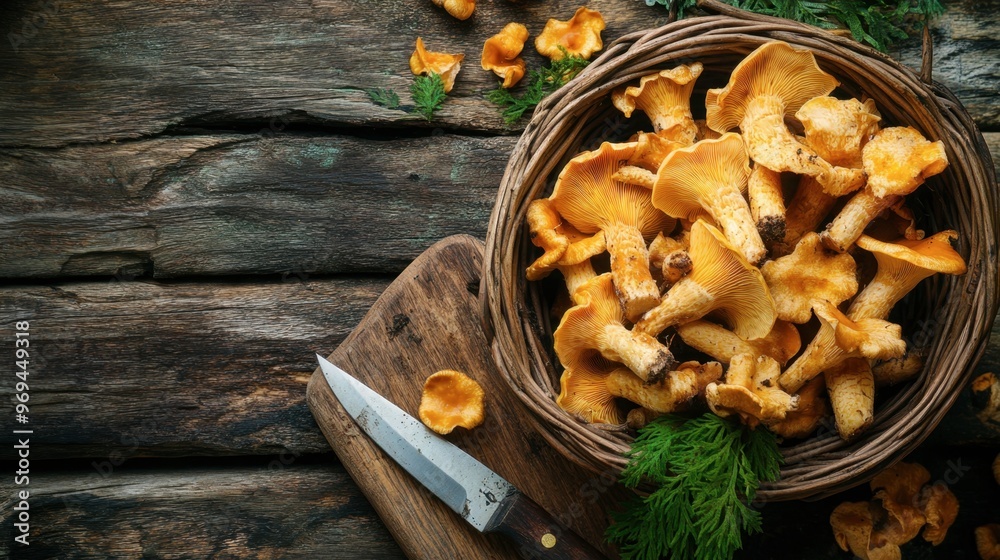 Fototapeta premium A basket filled with freshly foraged mushrooms, including chanterelles and morels, sitting on a rustic wooden table with a knife and cutting board nearby.